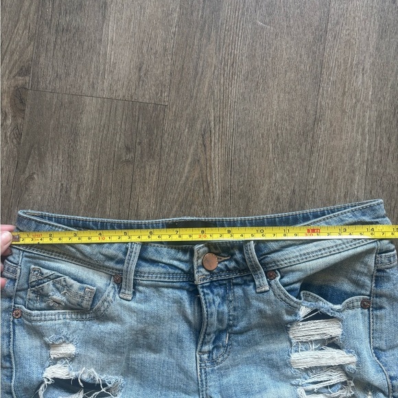 Blue Distressed Jean Shorts with Frayed Hem - Picture 4 of 6